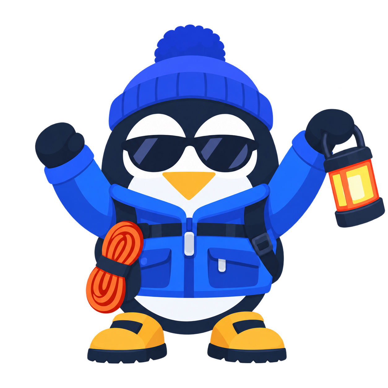Pinguino jubelt mit blauer Mütze, Sonnenbrille und einer leuchtenden Abenteuerlaterne.